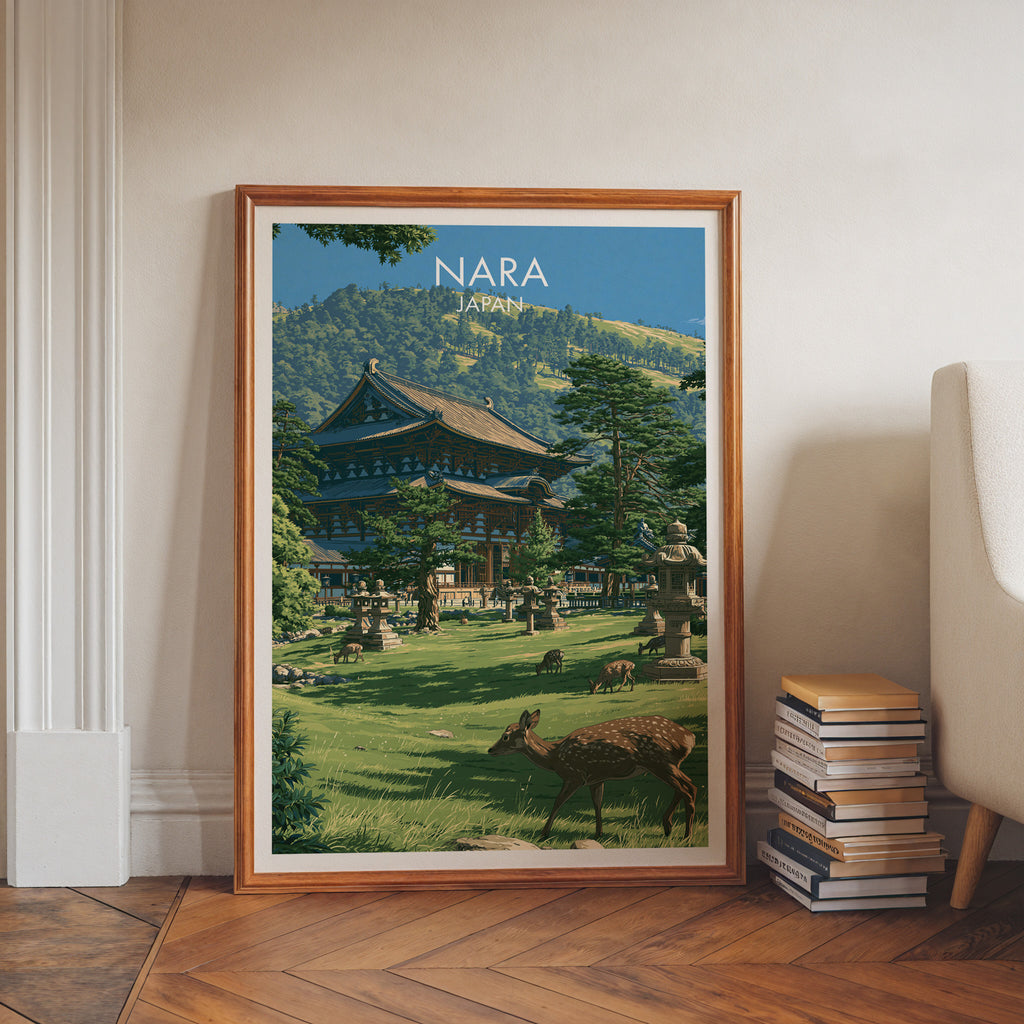 Todai ji Temple Nara Japan art print in a walnut frame leaning in a hallway beside stacked books