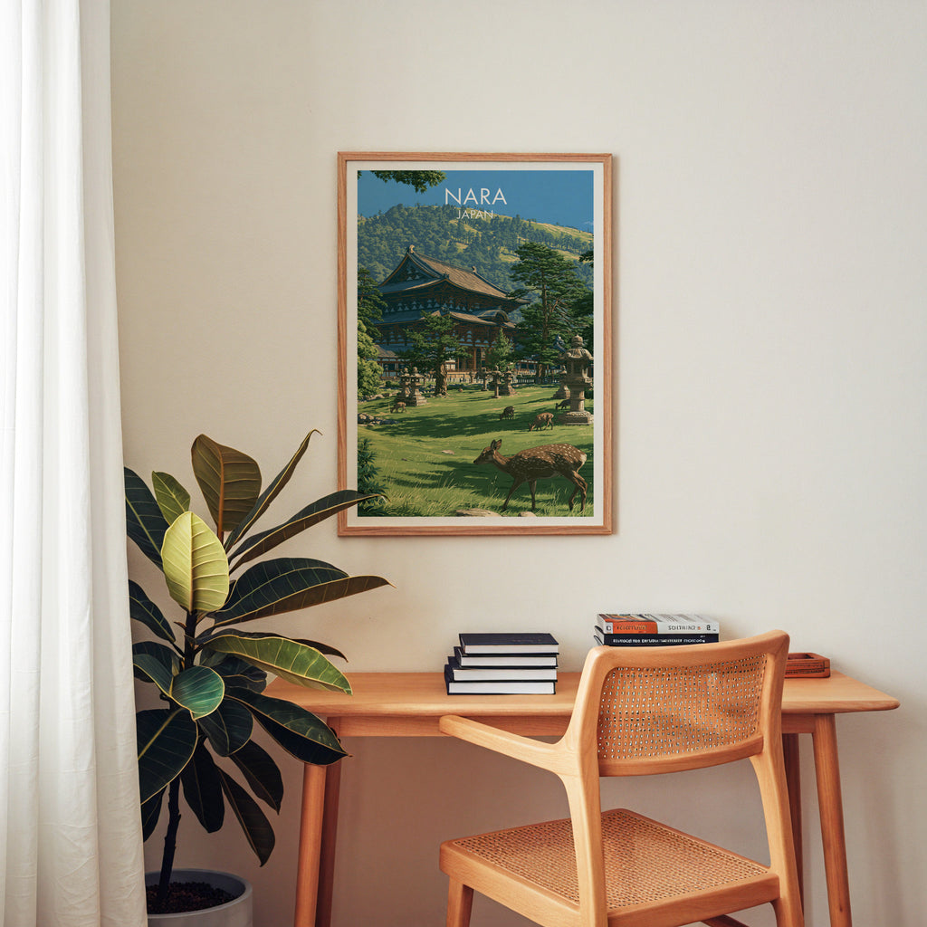Todai ji Temple Nara Japan wall art above a wooden home office desk with a rattan chair and books