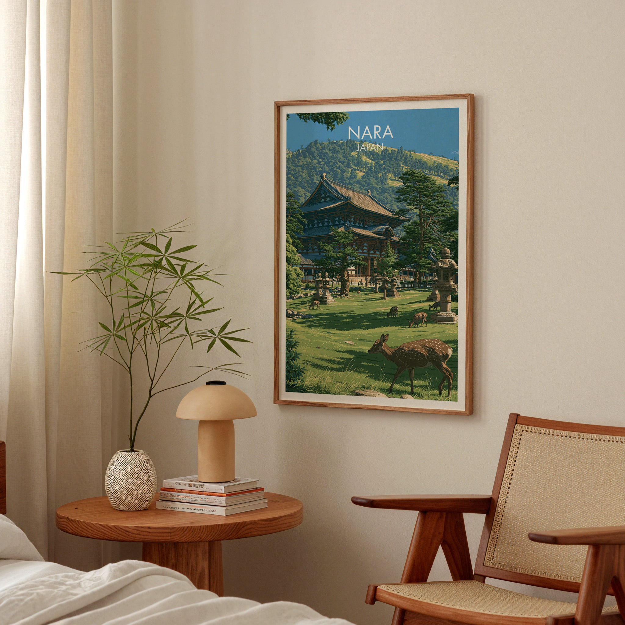 Todai ji Temple Nara Japan poster above a bedroom nightstand with a bamboo plant and mushroom lamp