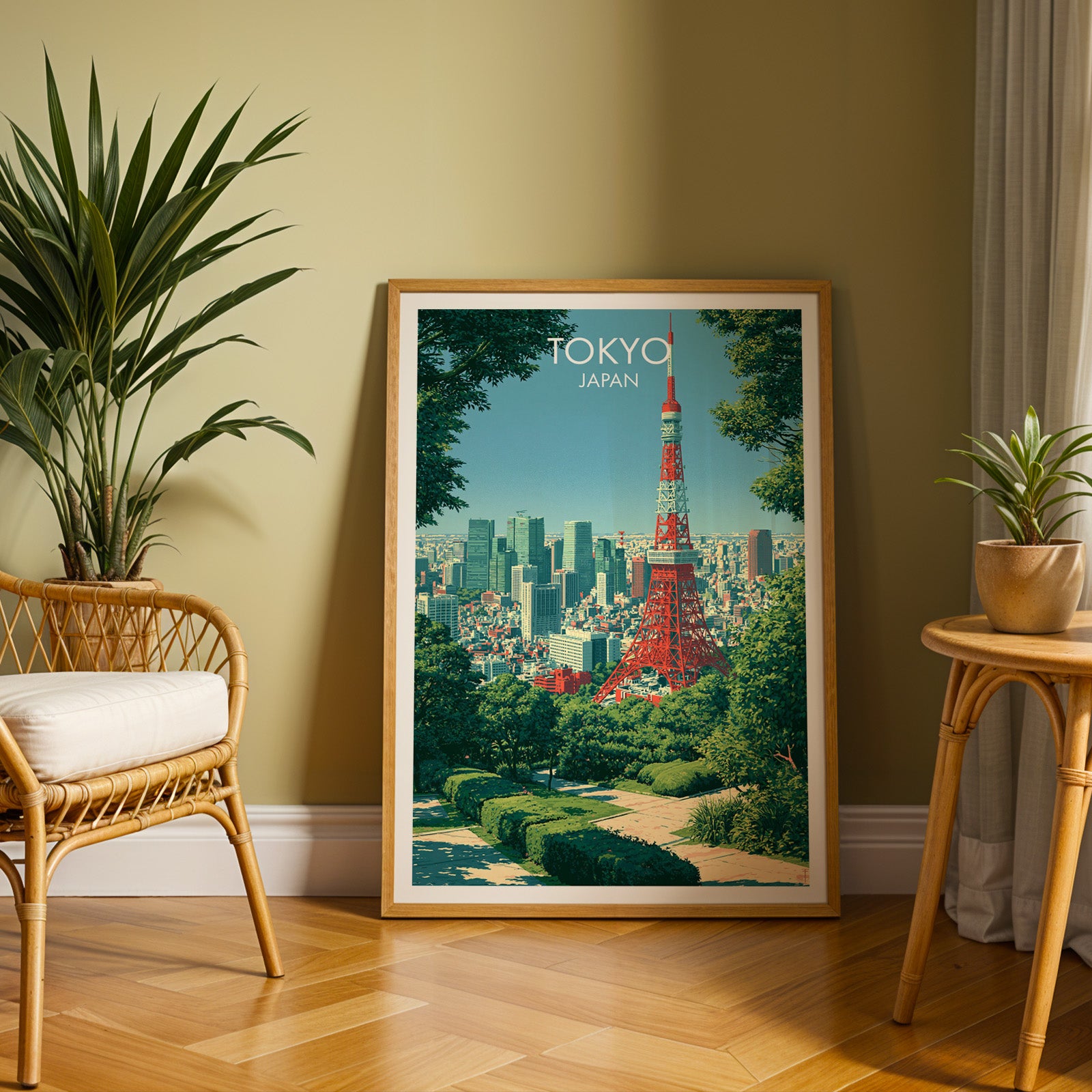 Large Tokyo Tower Japan travel print in an oak frame leaning on a herringbone floor next to a rattan chair