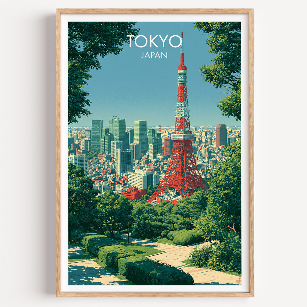 Tokyo Tower Japan travel poster in a natural wood frame, shown against a clean white wall