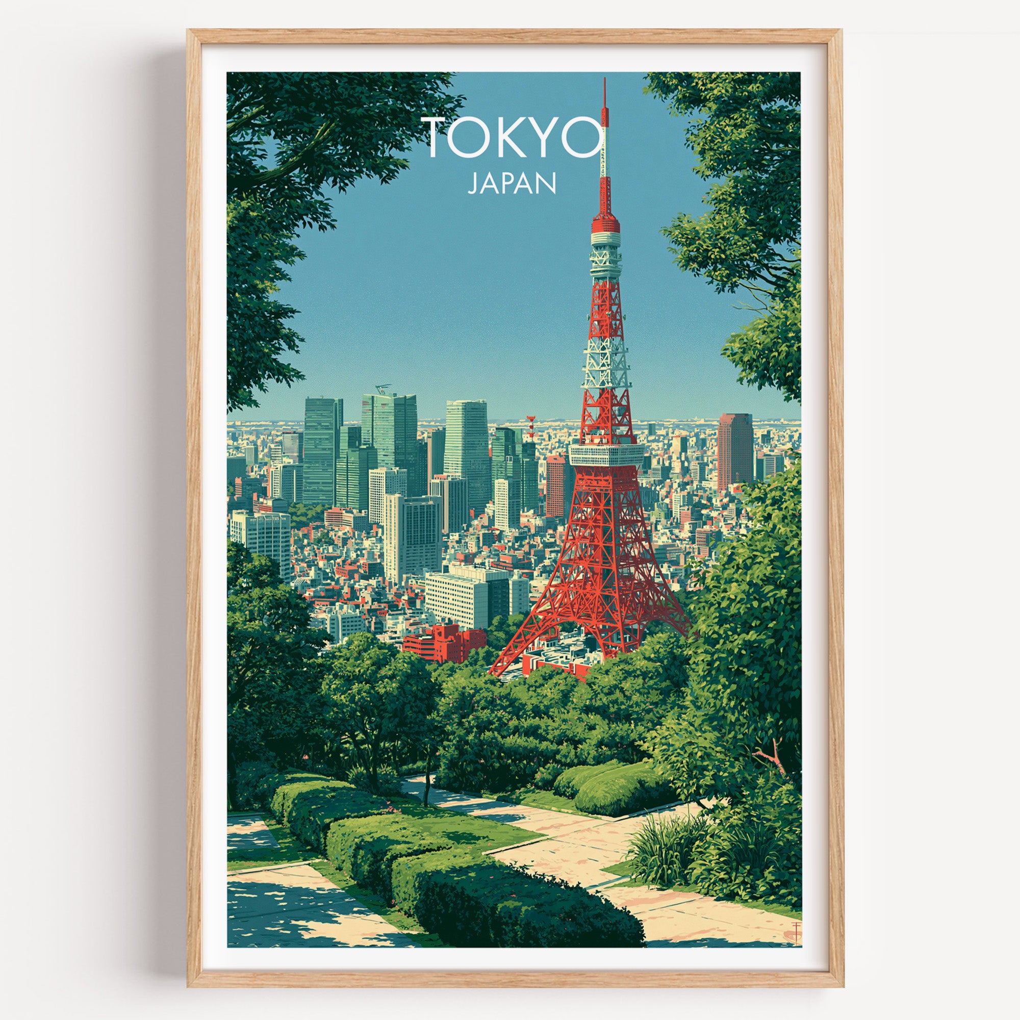 Tokyo Tower Japan travel poster in a natural wood frame, shown against a clean white wall