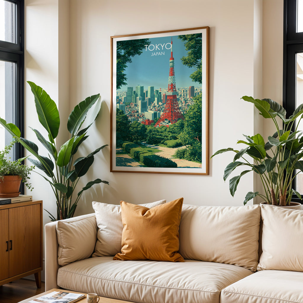 Framed Tokyo Tower Japan wall art hanging above a cream sofa in a bright living room with tropical plants