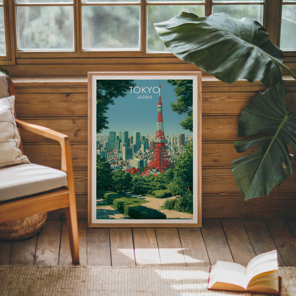 Framed Tokyo Tower Japan poster leaning against a timber cabin wall with monstera leaves and an open book