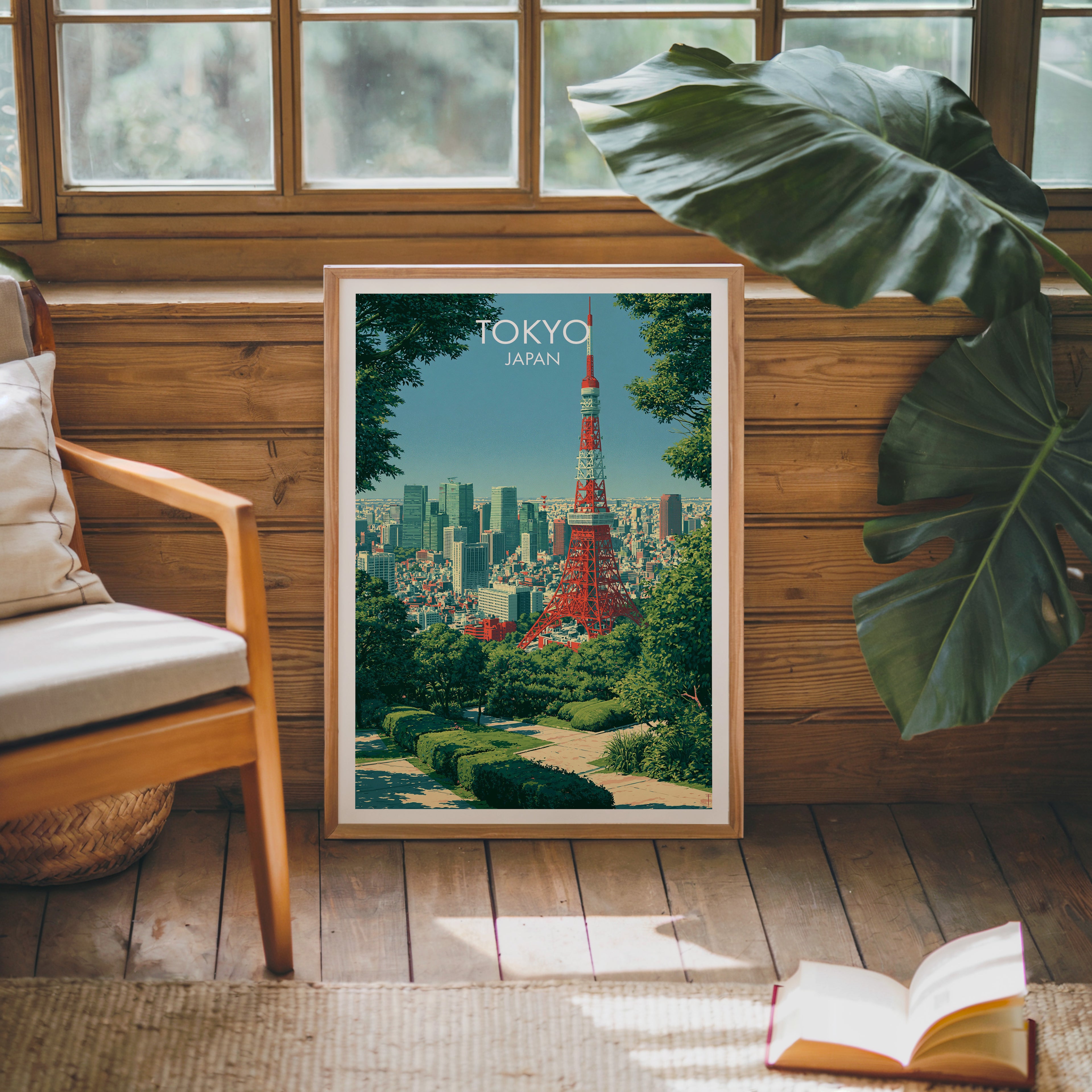 Framed Tokyo Tower Japan poster leaning against a timber cabin wall with monstera leaves and an open book