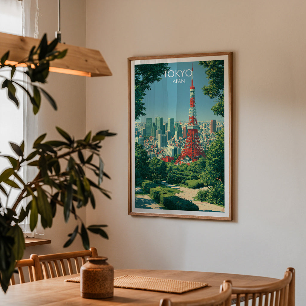 Framed Tokyo Tower Japan print on a dining room wall above an oak table in warm afternoon light