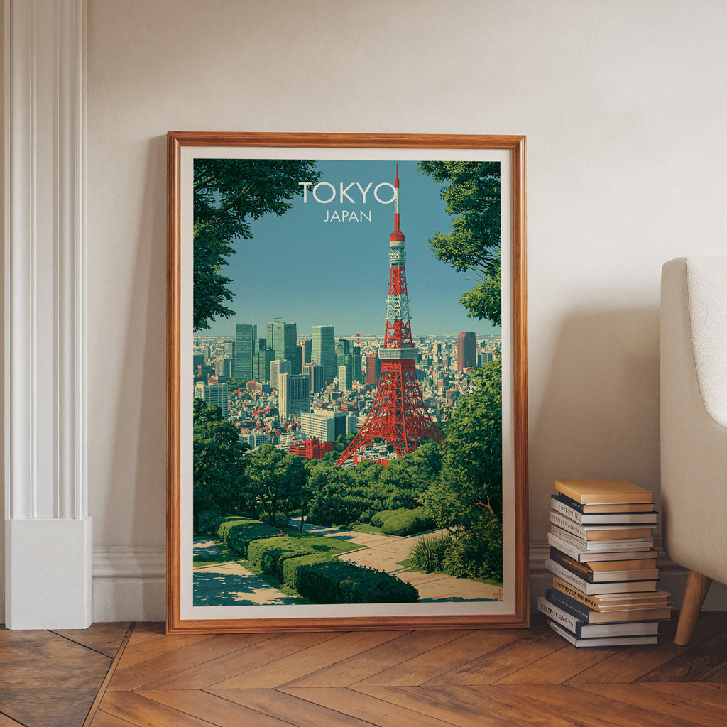 Tokyo Tower Japan art print in a walnut frame leaning in a hallway beside stacked books