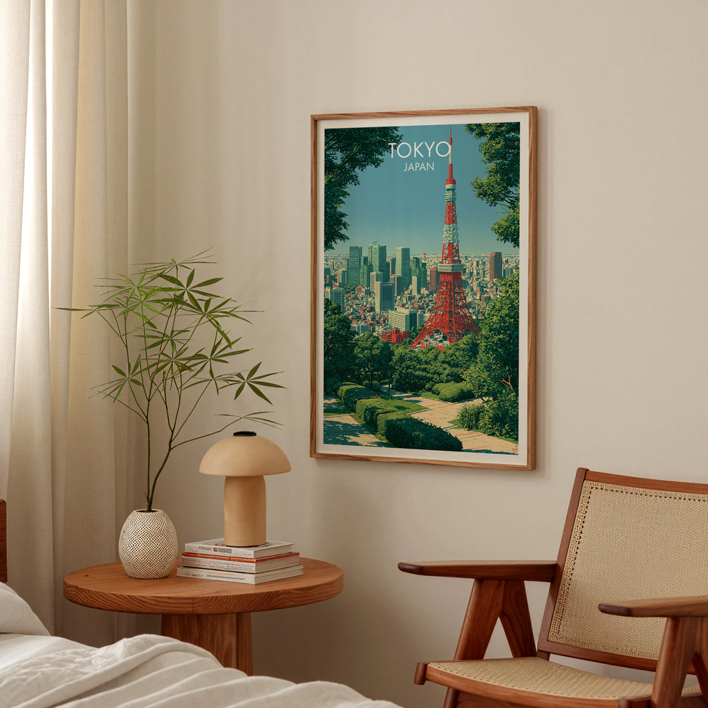 Tokyo Tower Japan poster above a bedroom nightstand with a bamboo plant and mushroom lamp