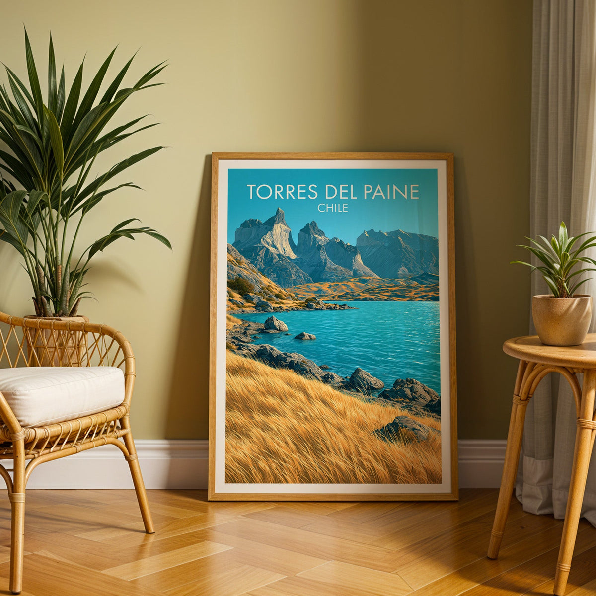 Chilean mountain lake poster in an oak frame on herringbone floor by an olive wall, rattan chair and tall palm