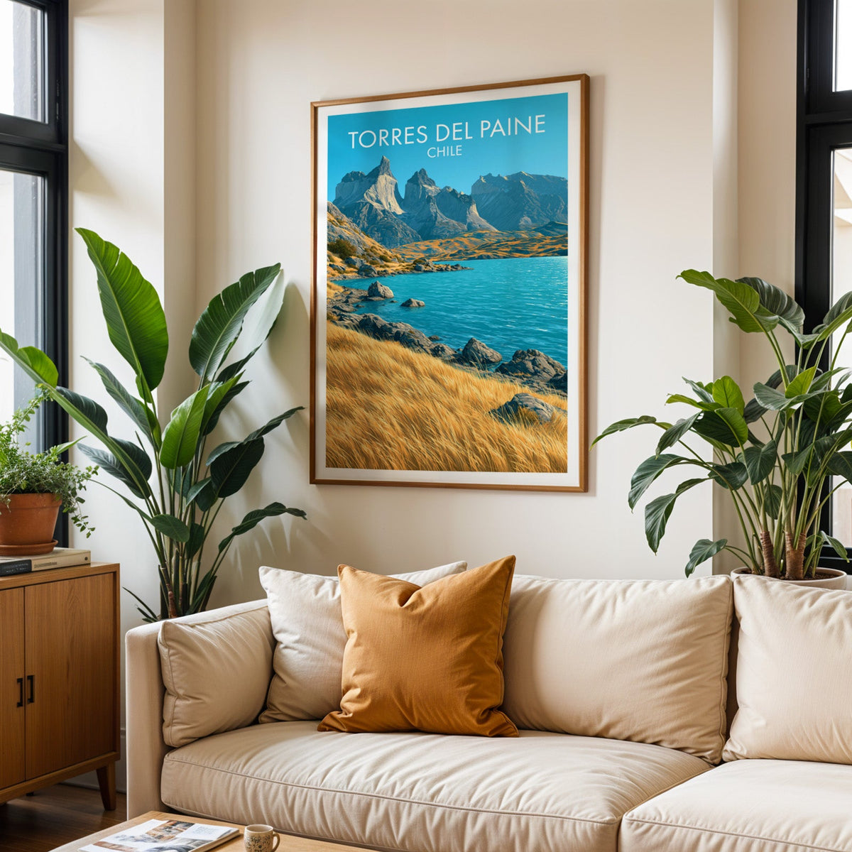 Torres del Paine wall art in an oak frame over a cream sofa with rust cushions and two tropical plants