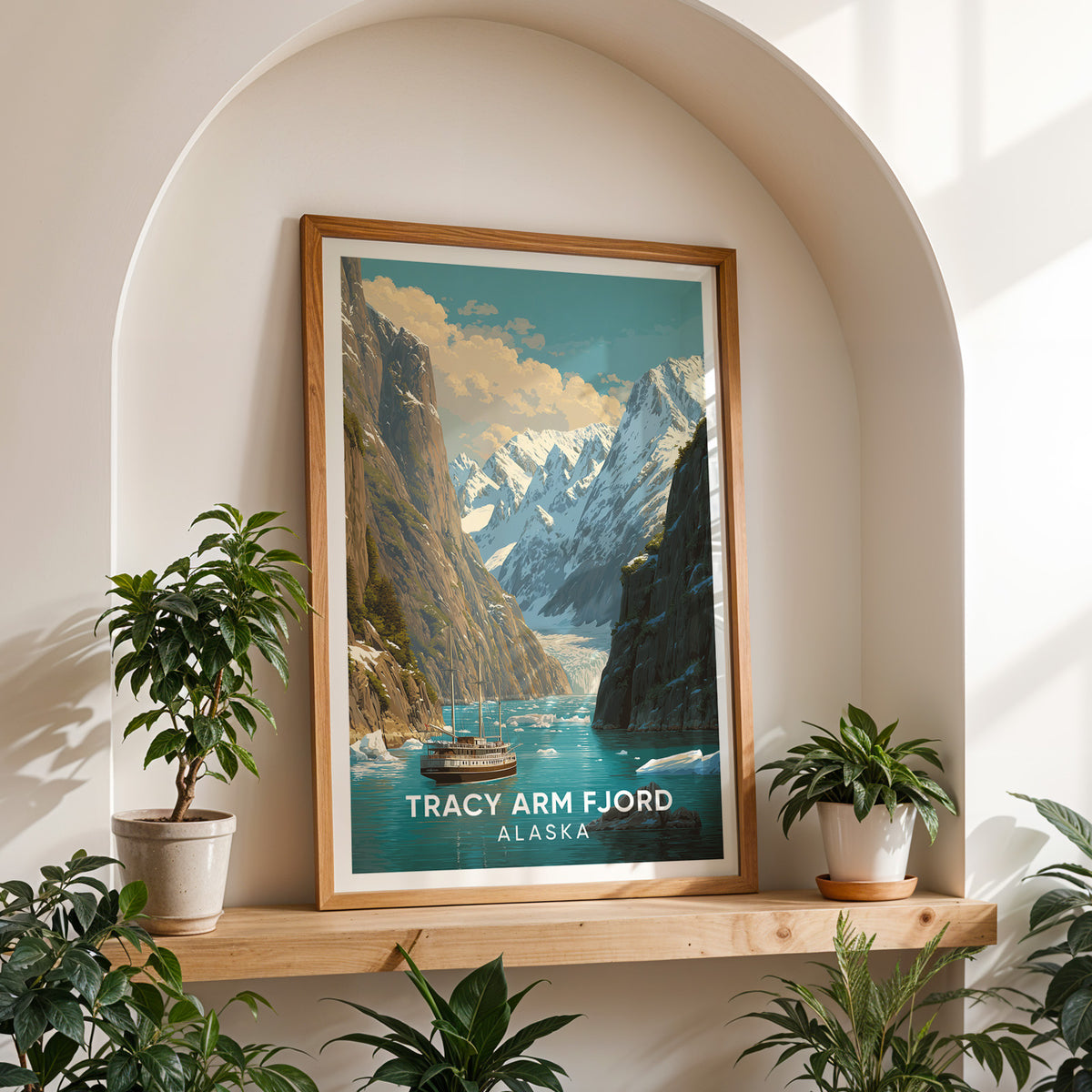 Tracy Arm Fjord canvas print in oak on a shelf set into a white arched alcove between two potted plants.