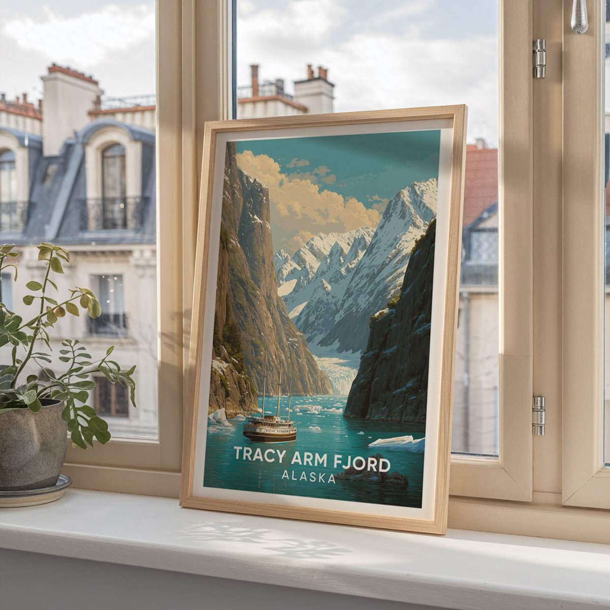 Tracy Arm Fjord poster in an oak frame on a window ledge above Parisian mansard rooftops.