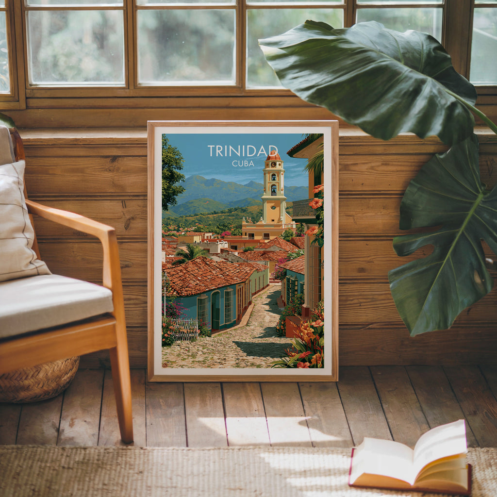 Tropical flowers and tiled roofs in an oak frame on a pine cabin wall with a wooden armchair and monstera leaf