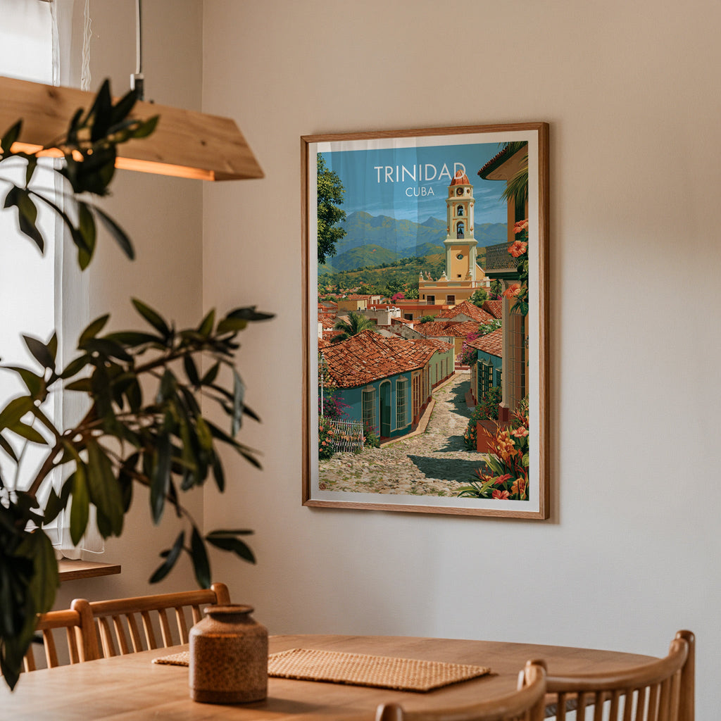Trinidad bell tower art in an oak frame in a dining corner with an oak table, spindle chairs and pendant lamp