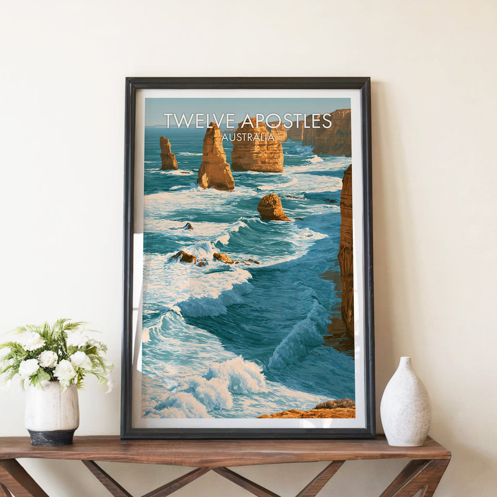 Limestone stacks poster in a black frame on a walnut console with white peonies in a stone vase