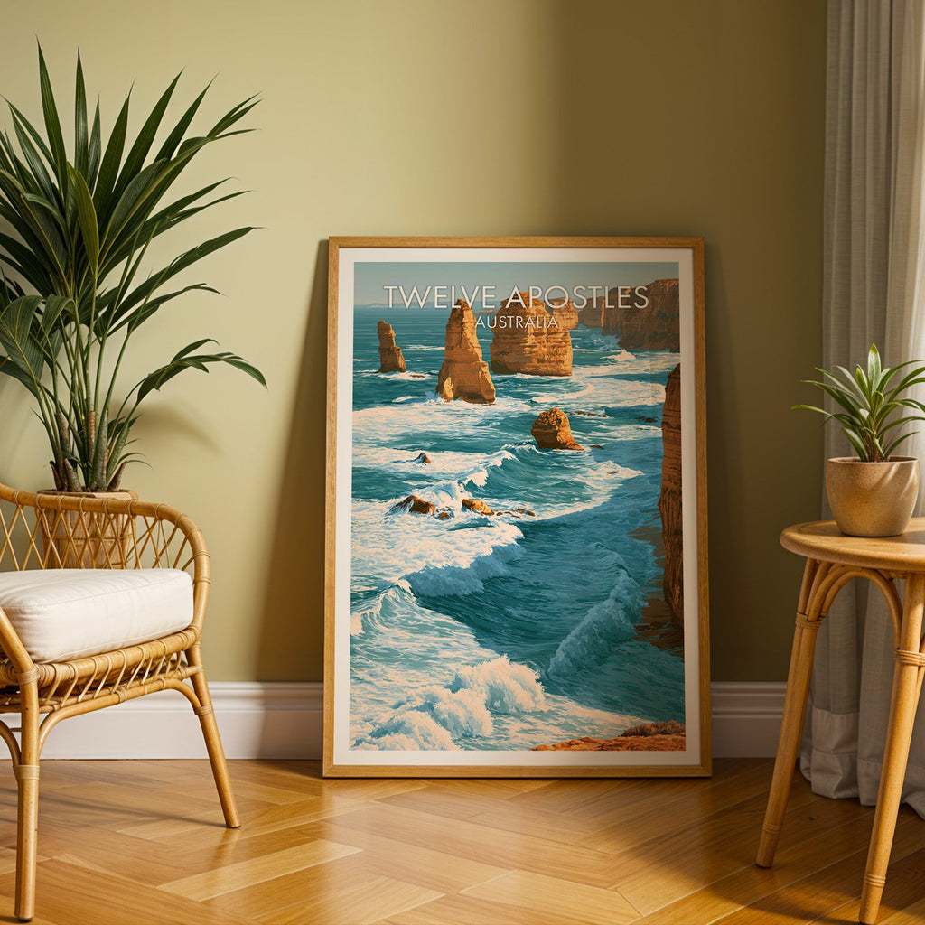 Sea stack poster in an oak frame on herringbone parquet with an olive wall and a rattan chair