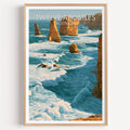 Twelve Apostles travel print in a light oak frame on a plain white wall