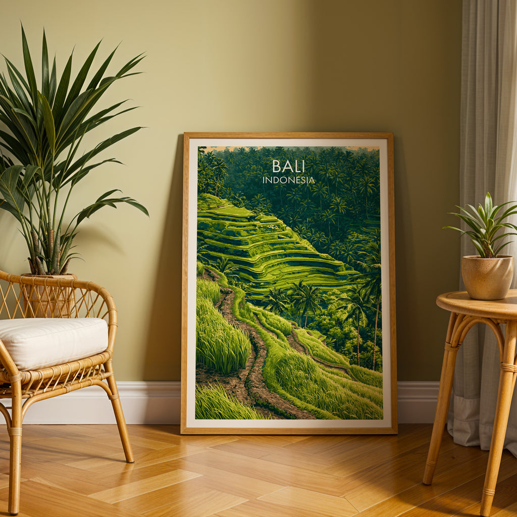 Large Ubud Rice Terraces Bali travel print in an oak frame leaning on a herringbone floor next to a rattan chair