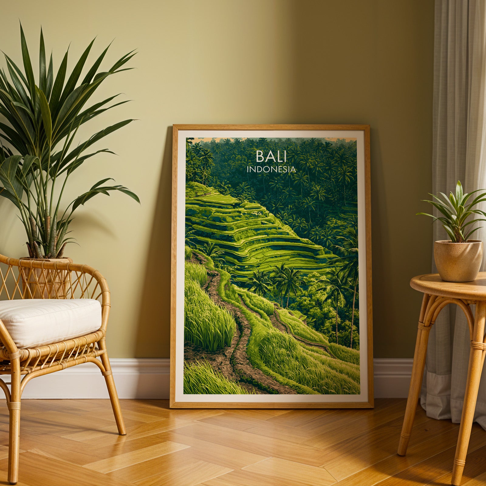 Large Ubud Rice Terraces Bali travel print in an oak frame leaning on a herringbone floor next to a rattan chair