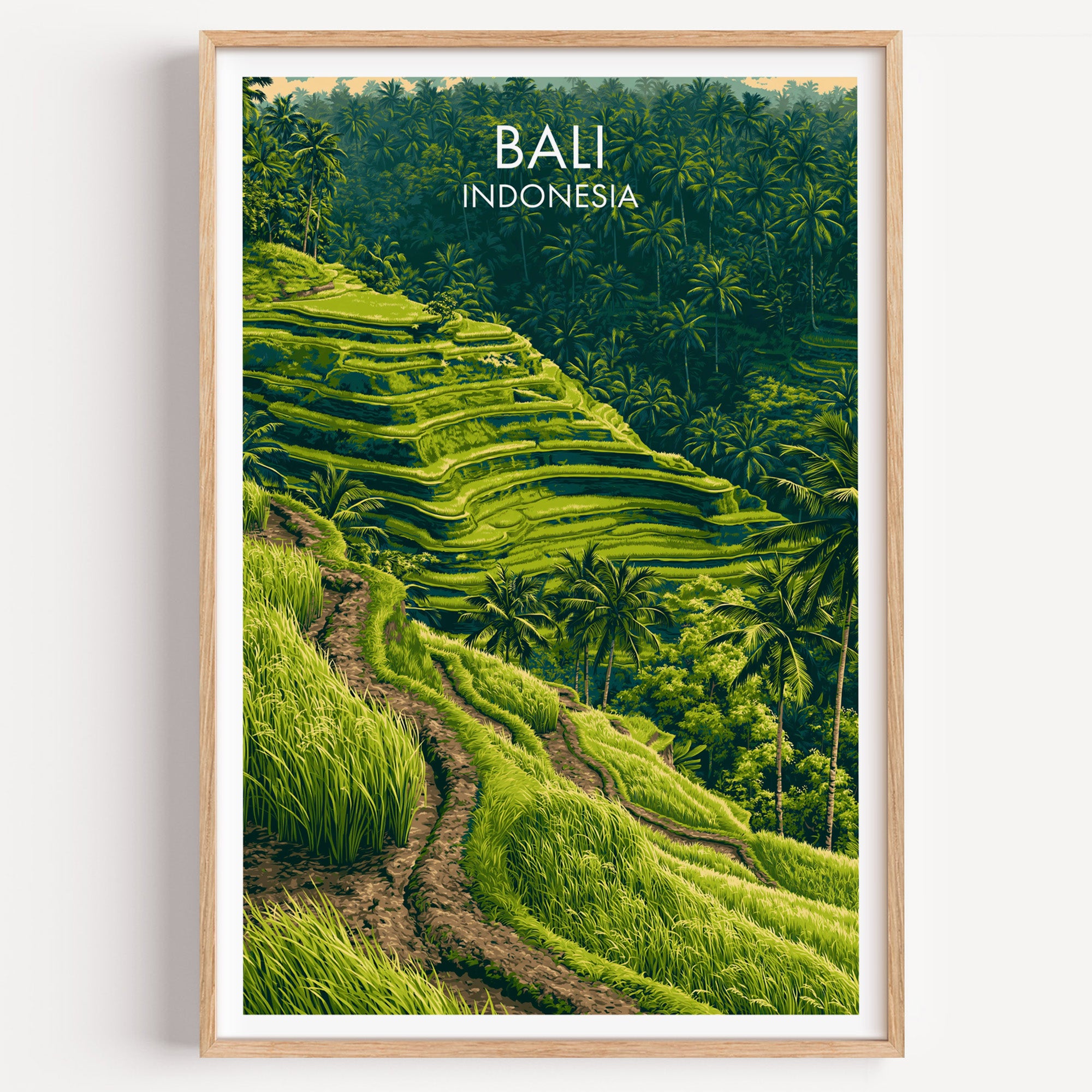 Ubud Rice Terraces Bali travel poster in a natural wood frame, shown against a clean white wall