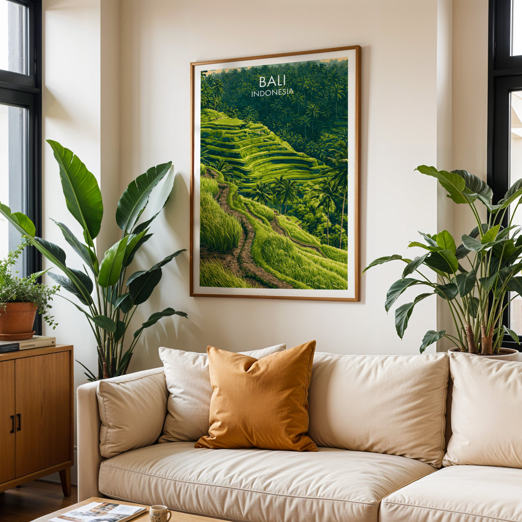 Framed Ubud Rice Terraces Bali wall art hanging above a cream sofa in a bright living room with tropical plants