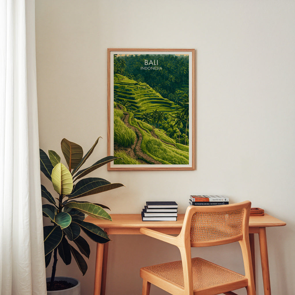 Ubud Rice Terraces Bali wall art above a wooden home office desk with a rattan chair and books