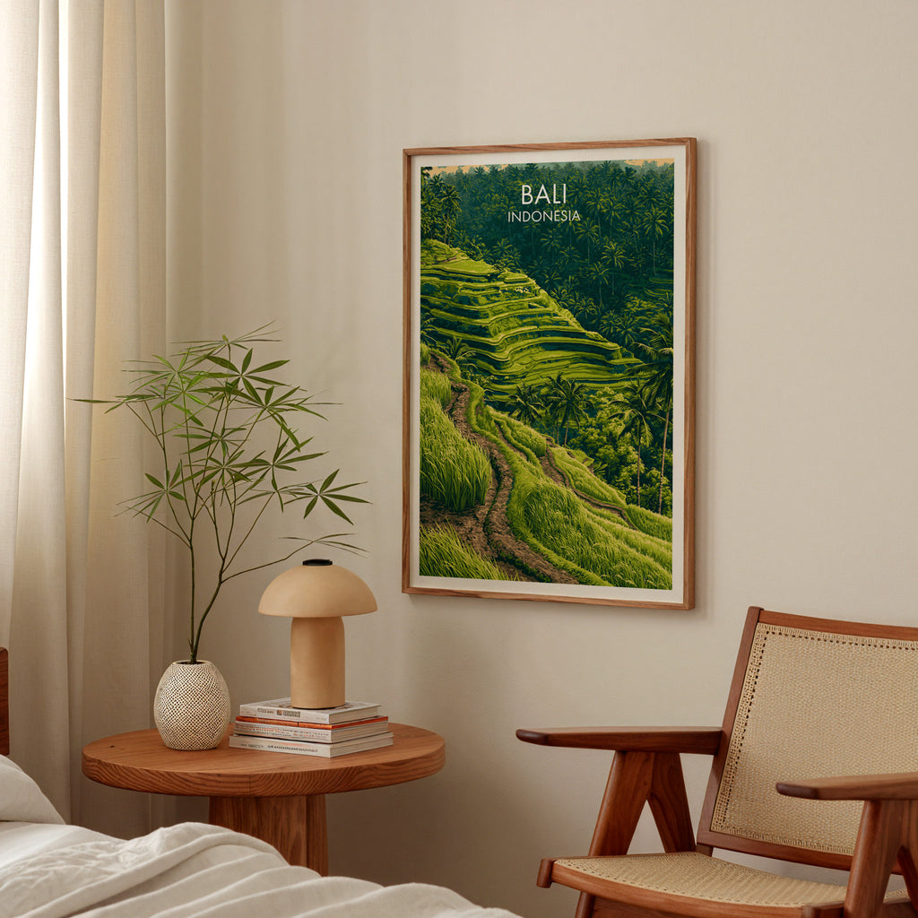 Ubud Rice Terraces Bali poster above a bedroom nightstand with a bamboo plant and mushroom lamp