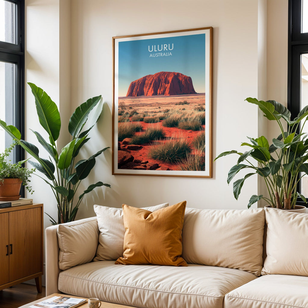 Framed Uluru art above a cream sofa with a burnt-orange cushion and two tall tropical plants