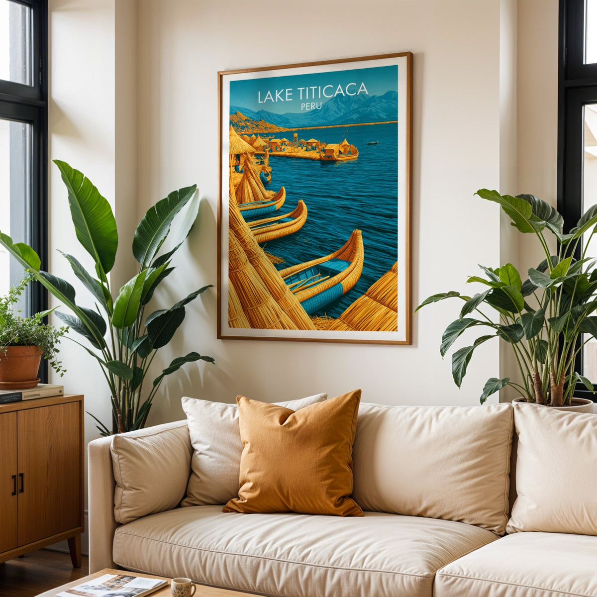 Totora reed boats poster in an oak frame above a cream sofa with a rust cushion and two tropical plants