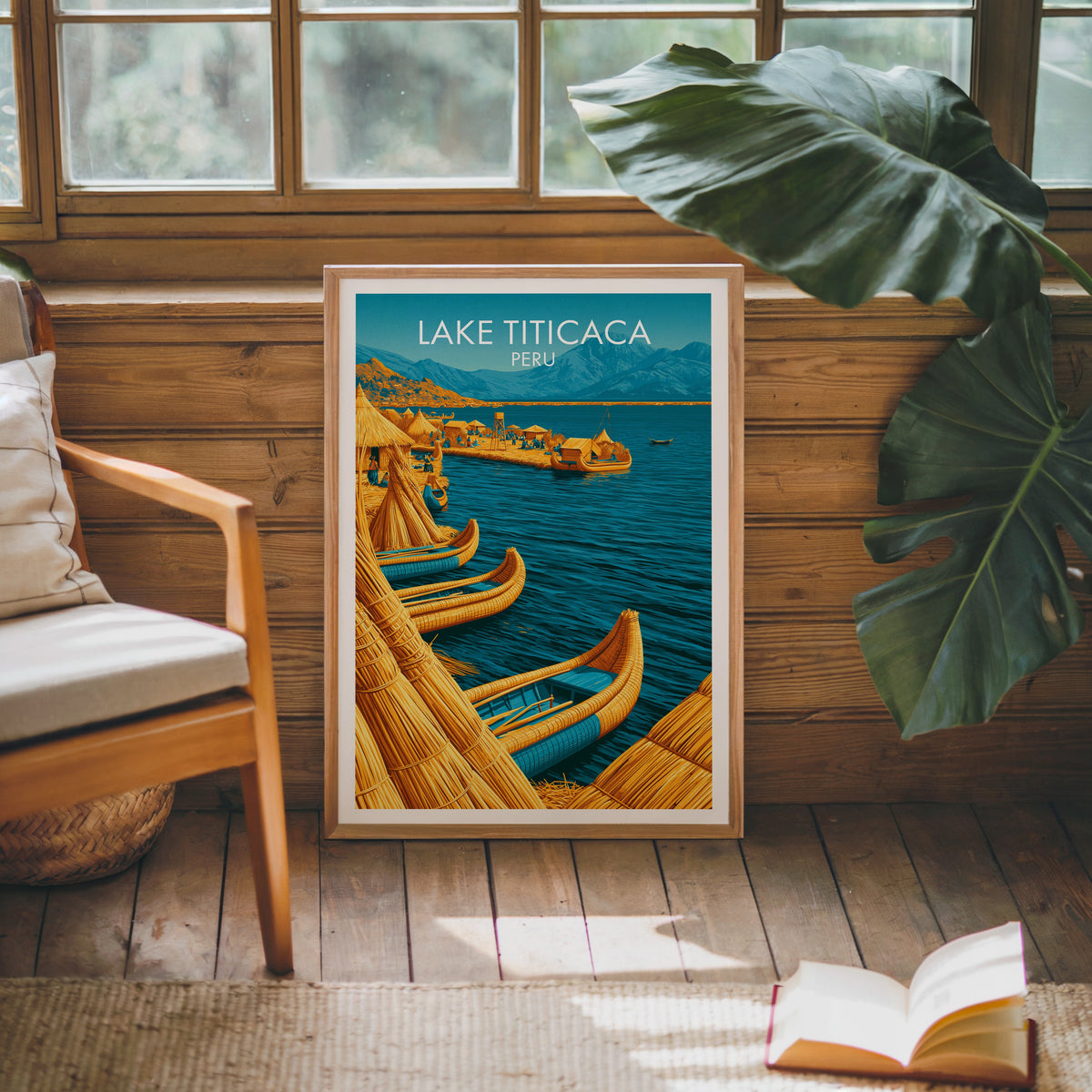 Reed hut wall art in an oak frame against pine cabin boards with a cream chair and a monstera leaf