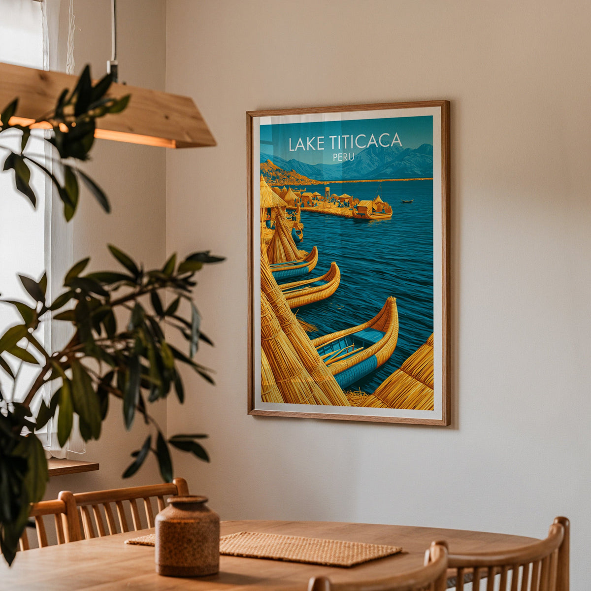 Andean lake travel print in an oak frame in a dining corner with a wood table, cane chairs and pendant