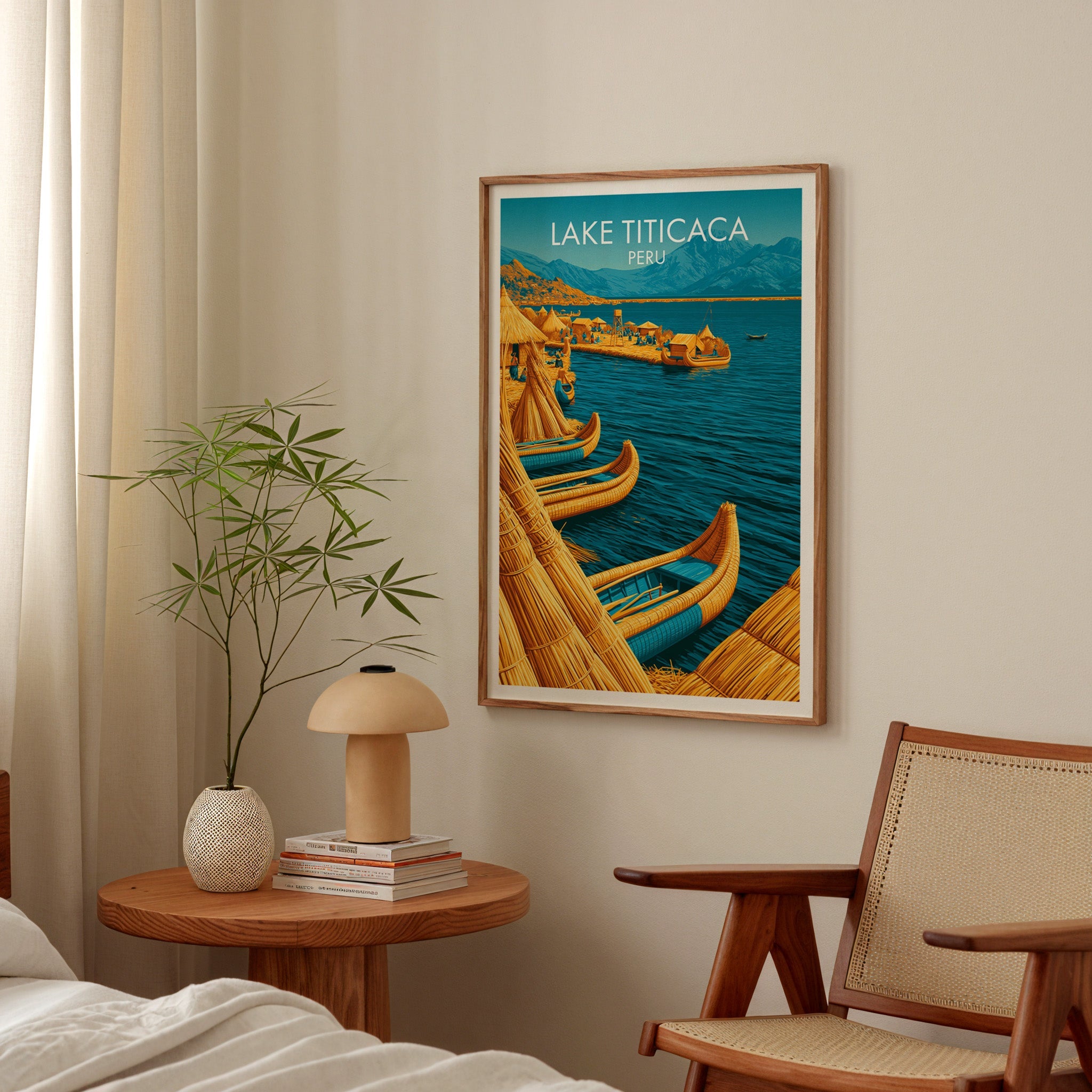Blue lake and reeds art in a walnut frame over a round bedside table with a terracotta lamp and bamboo