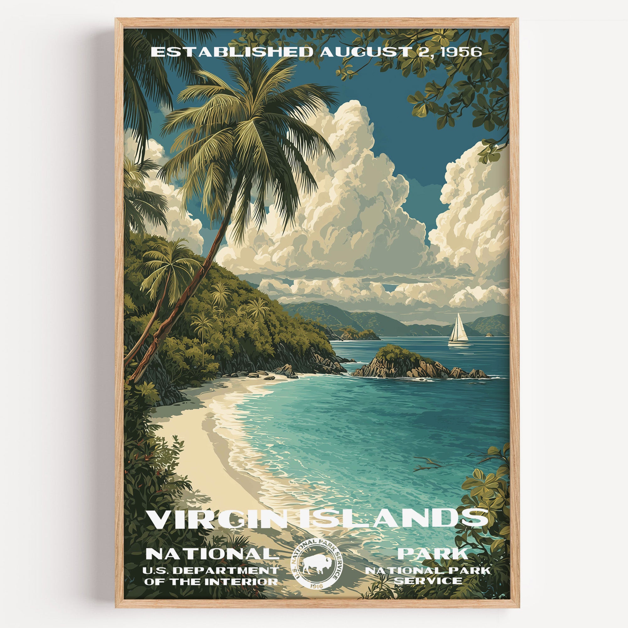 Virgin Islands National Park vintage travel poster in a wood frame, a palm-framed turquoise bay with a sailboat
