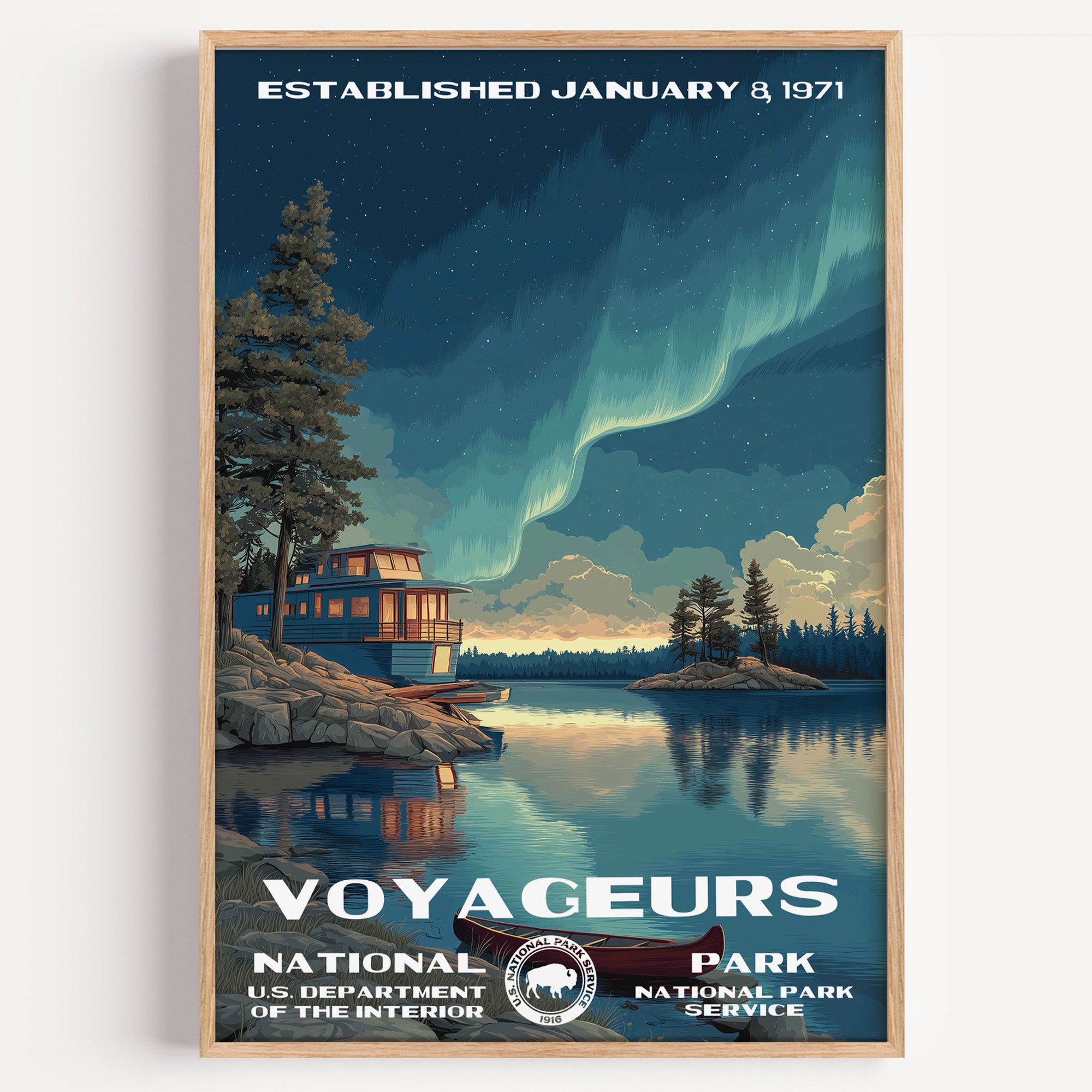 Voyageurs National Park vintage travel poster in a wood frame, northern lights rippling over a lit cabin on a still lake