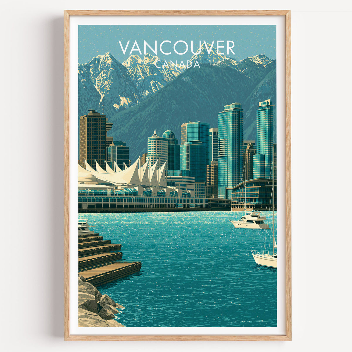 Vancouver Canada Place poster in a light oak frame on a plain white wall