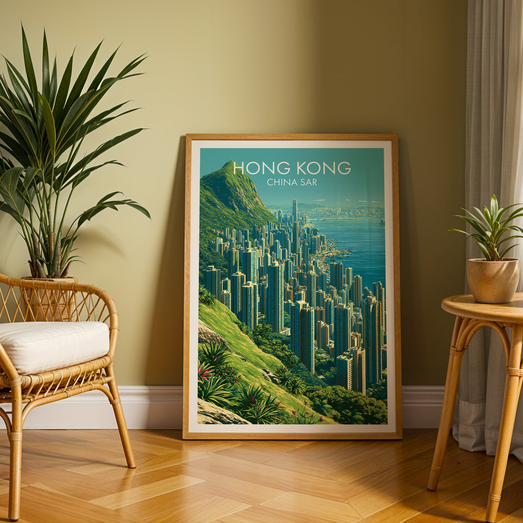 Large Victoria Peak Hong Kong travel print in an oak frame leaning on a herringbone floor next to a rattan chair