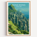 Victoria Peak Hong Kong travel poster in a natural wood frame, shown against a clean white wall