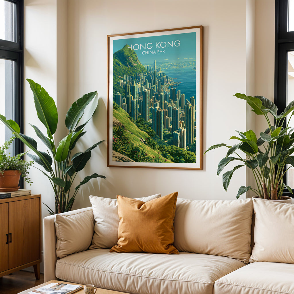 Framed Victoria Peak Hong Kong wall art hanging above a cream sofa in a bright living room with tropical plants