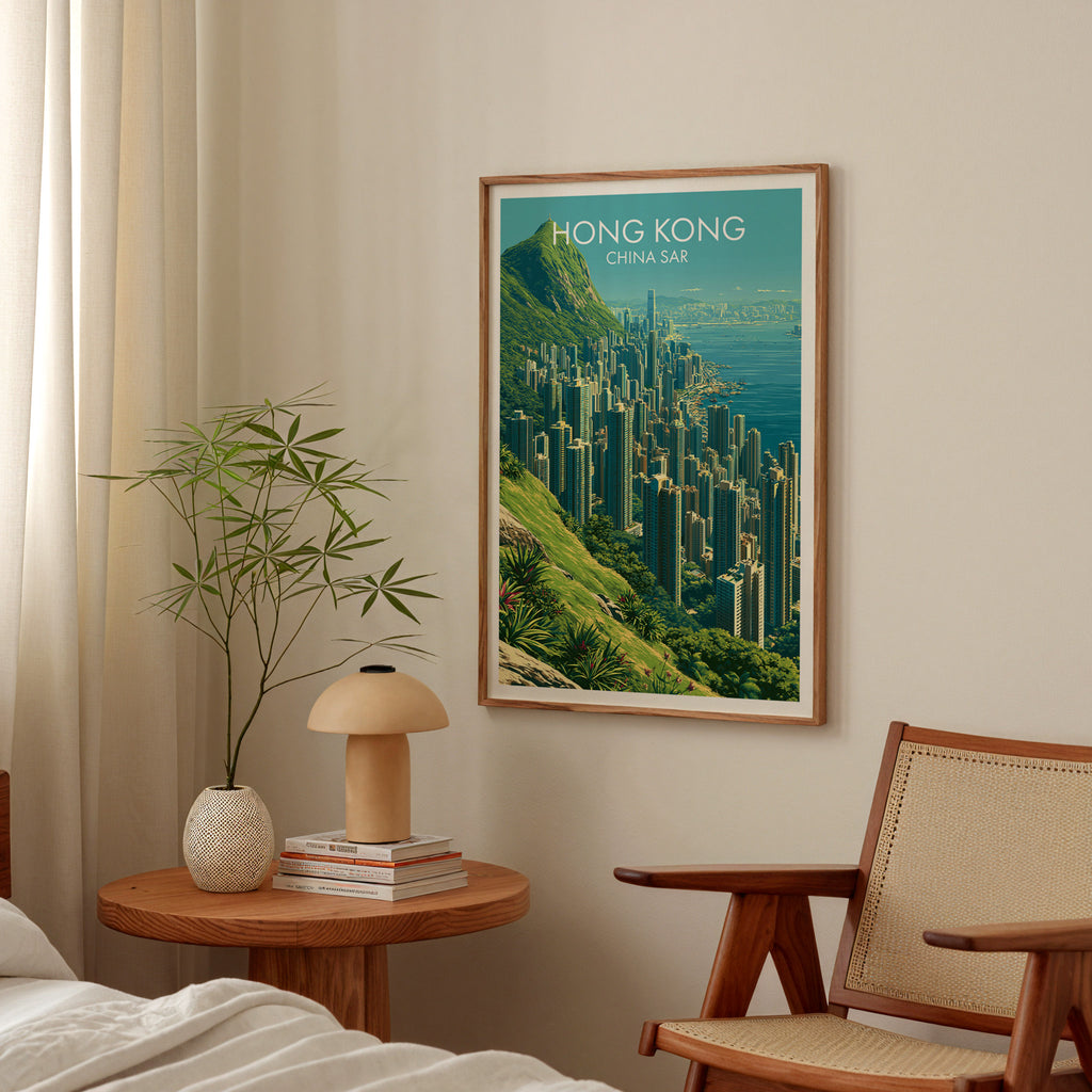Victoria Peak Hong Kong poster above a bedroom nightstand with a bamboo plant and mushroom lamp