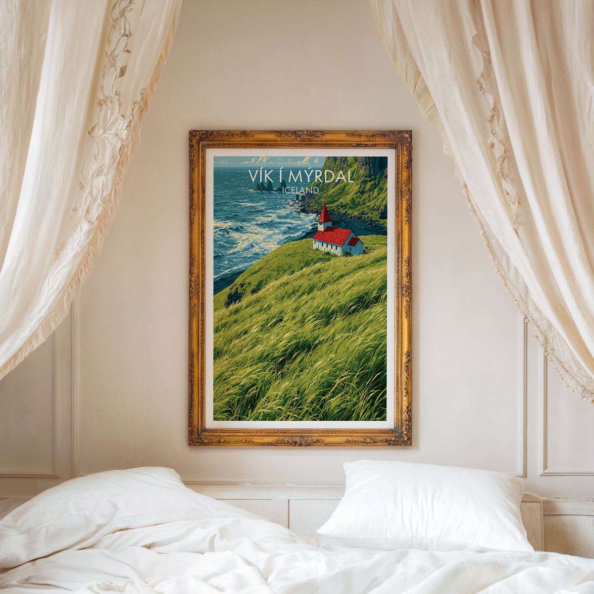 Vík í Mýrdal travel poster, ornate gold frame above a white bed with linen canopy curtains