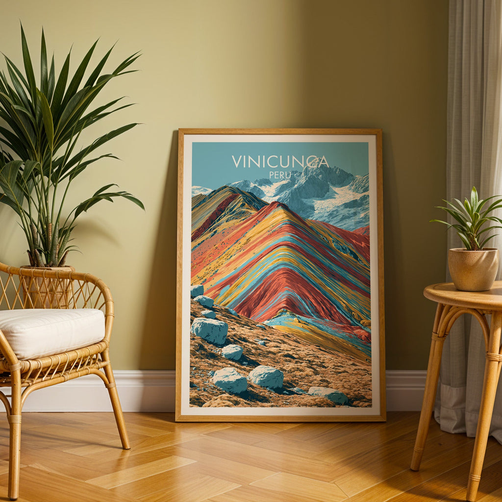 Vinicunca travel print in an oak frame on a herringbone floor by an olive wall, rattan chair and palm