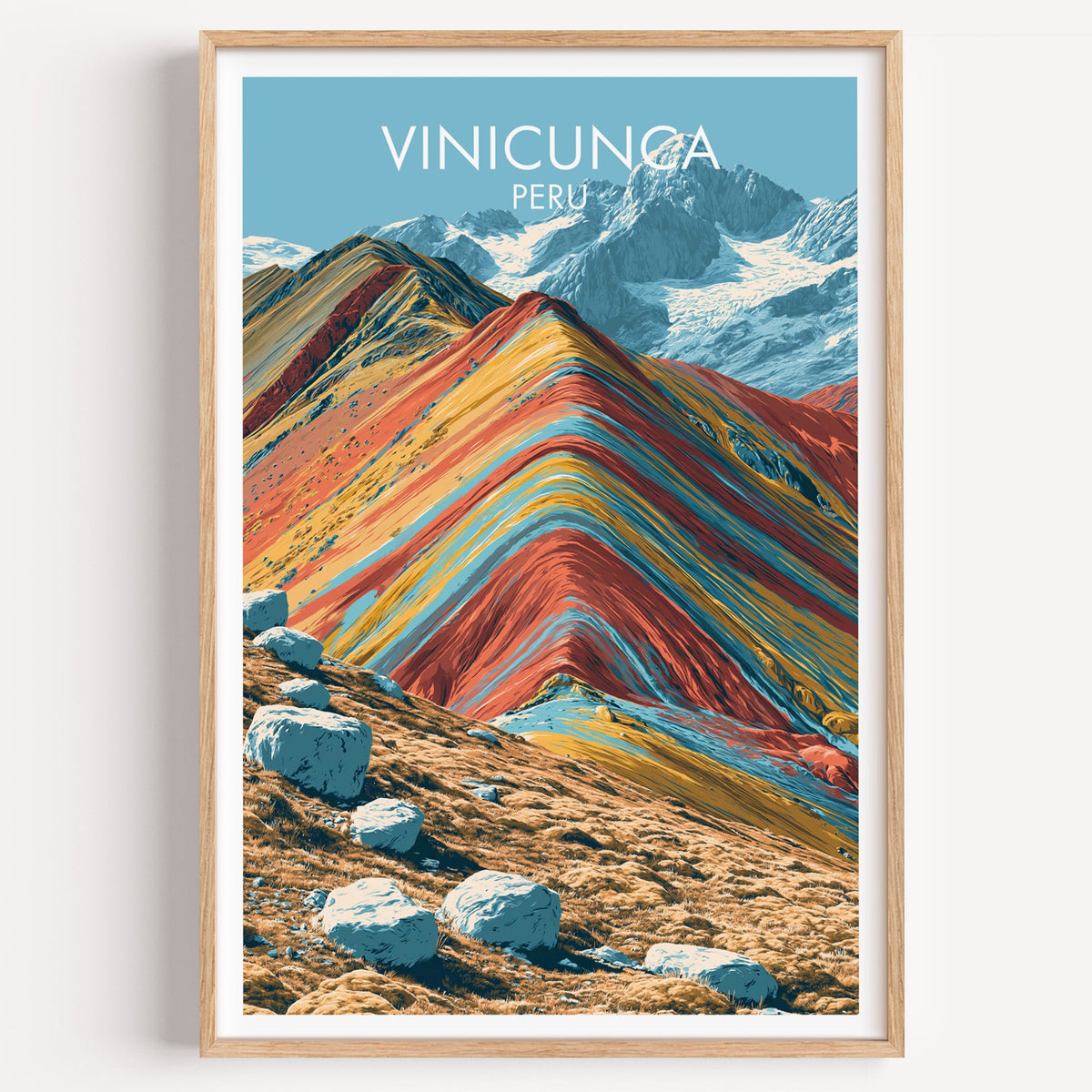 Vinicunca Rainbow Mountain travel poster with red and teal striped ridge in a light oak frame on a white wall