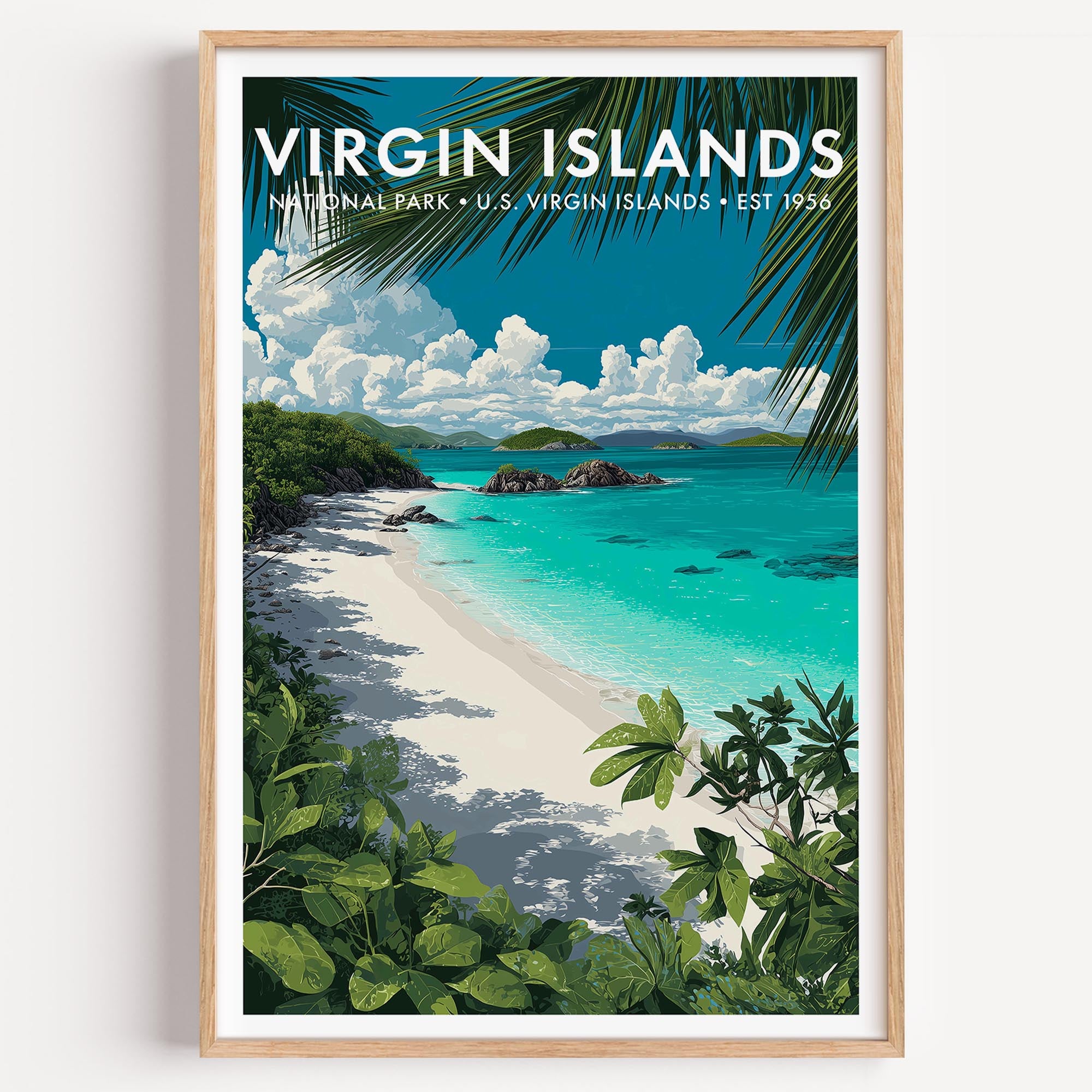 Virgin Islands National Park mid-century modern art print — a curve of white Caribbean sand and deep turquoise water