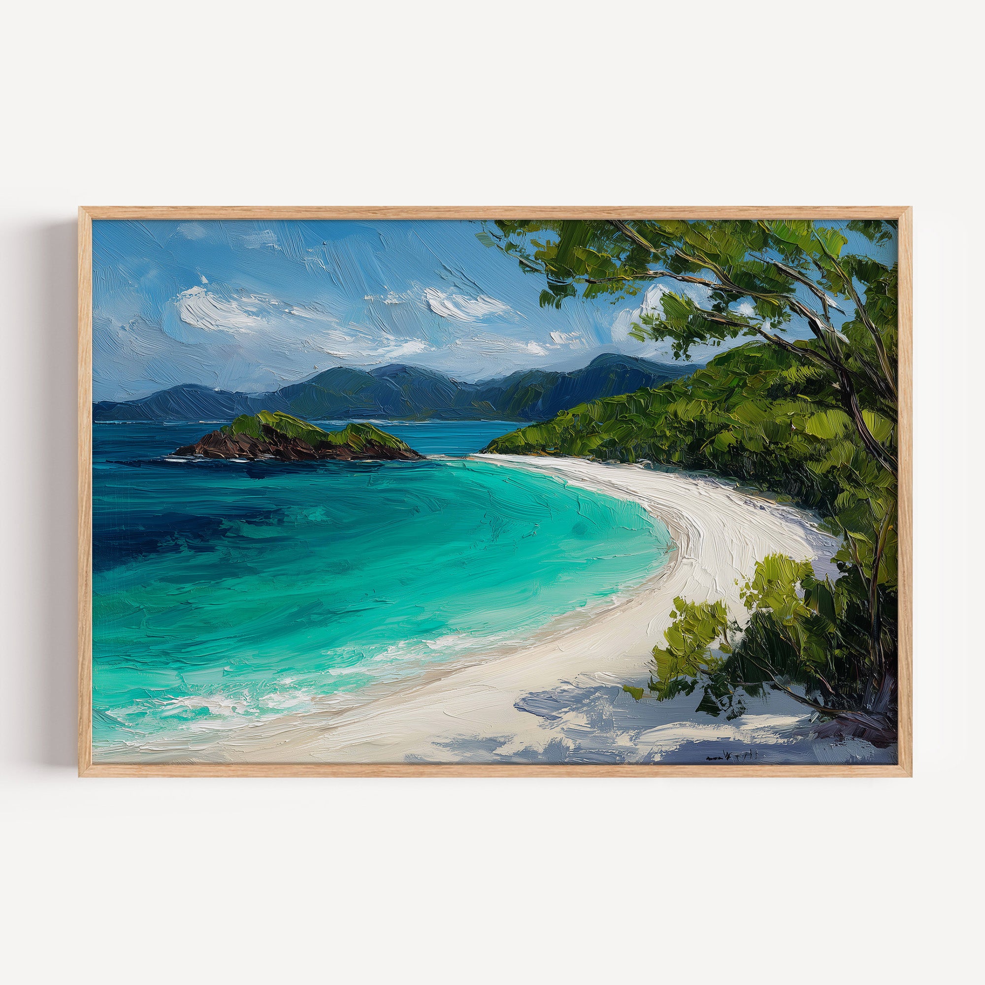 Virgin Islands National Park oil painting print in an oak frame: a white sand crescent beach