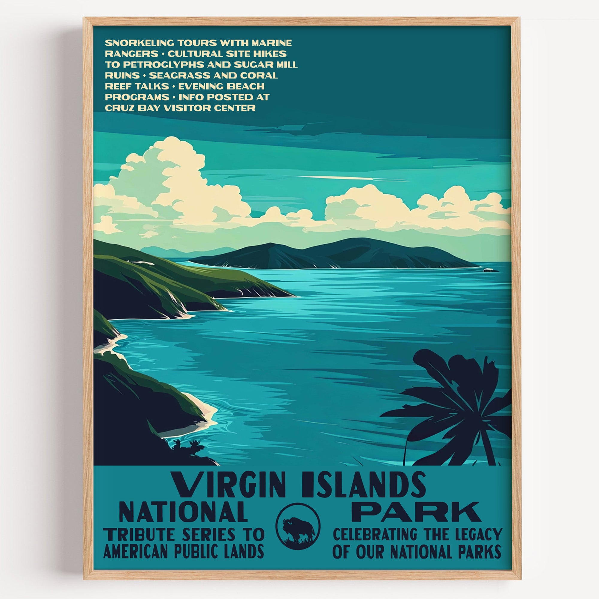 Virgin Islands National Park wall art print in a thin wood frame, a turquoise bay below green hills, framed by a palm