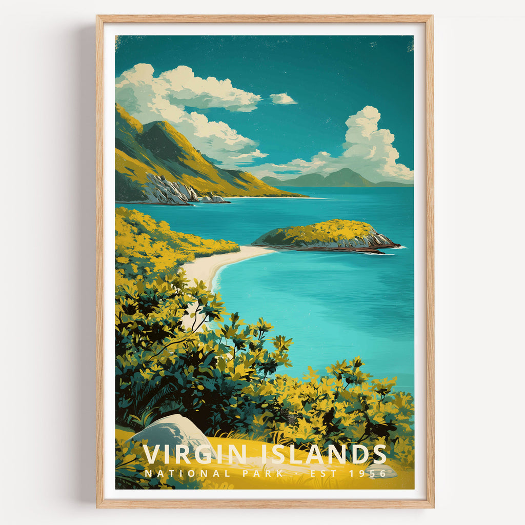 Virgin Islands National Park retro travel poster — a white sand crescent bay and turquoise Caribbean water below green hills