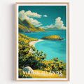 Virgin Islands National Park retro travel poster — a white sand crescent bay and turquoise Caribbean water below green hills
