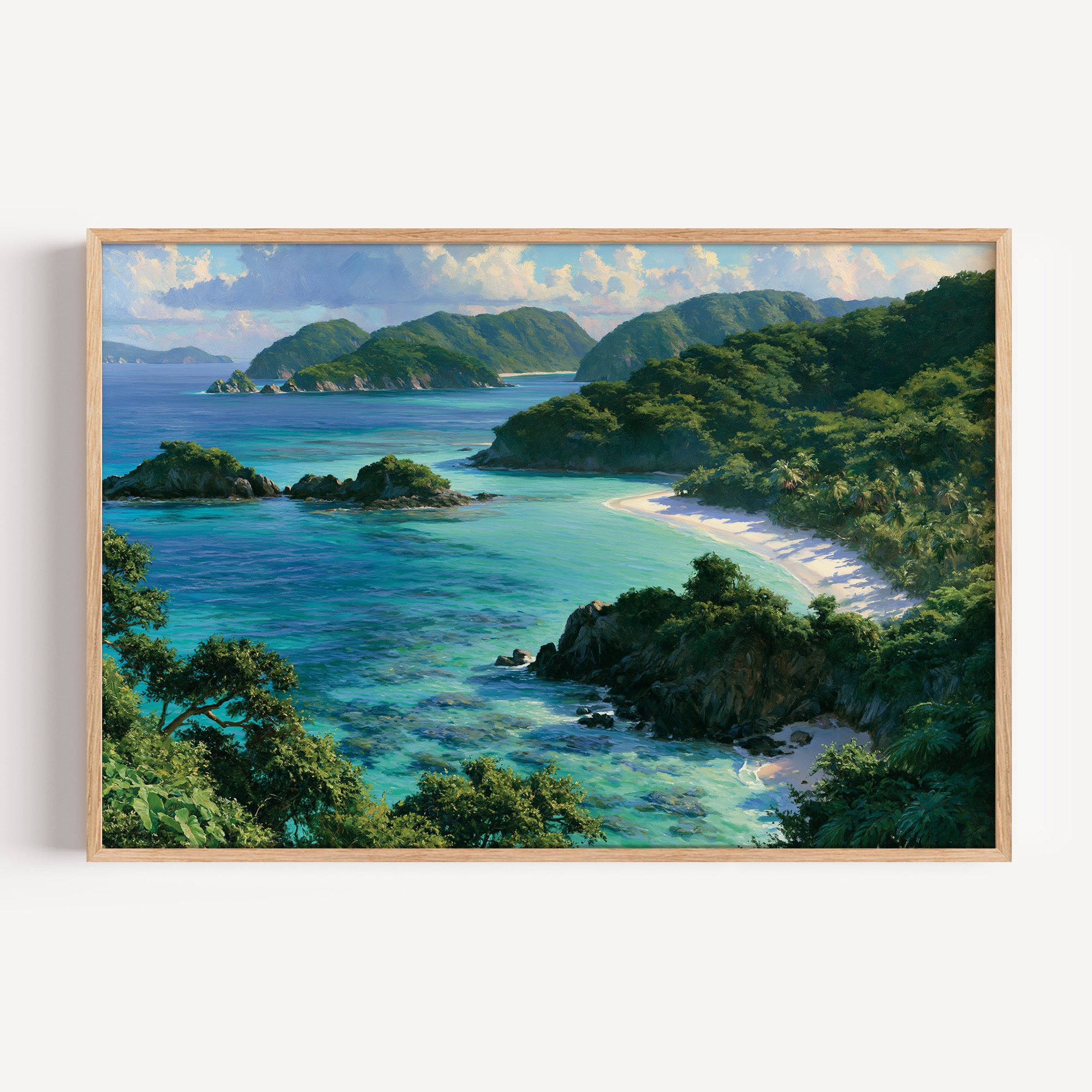 Virgin Islands classical oil painting print in an oak frame: a white beach and turquoise reef