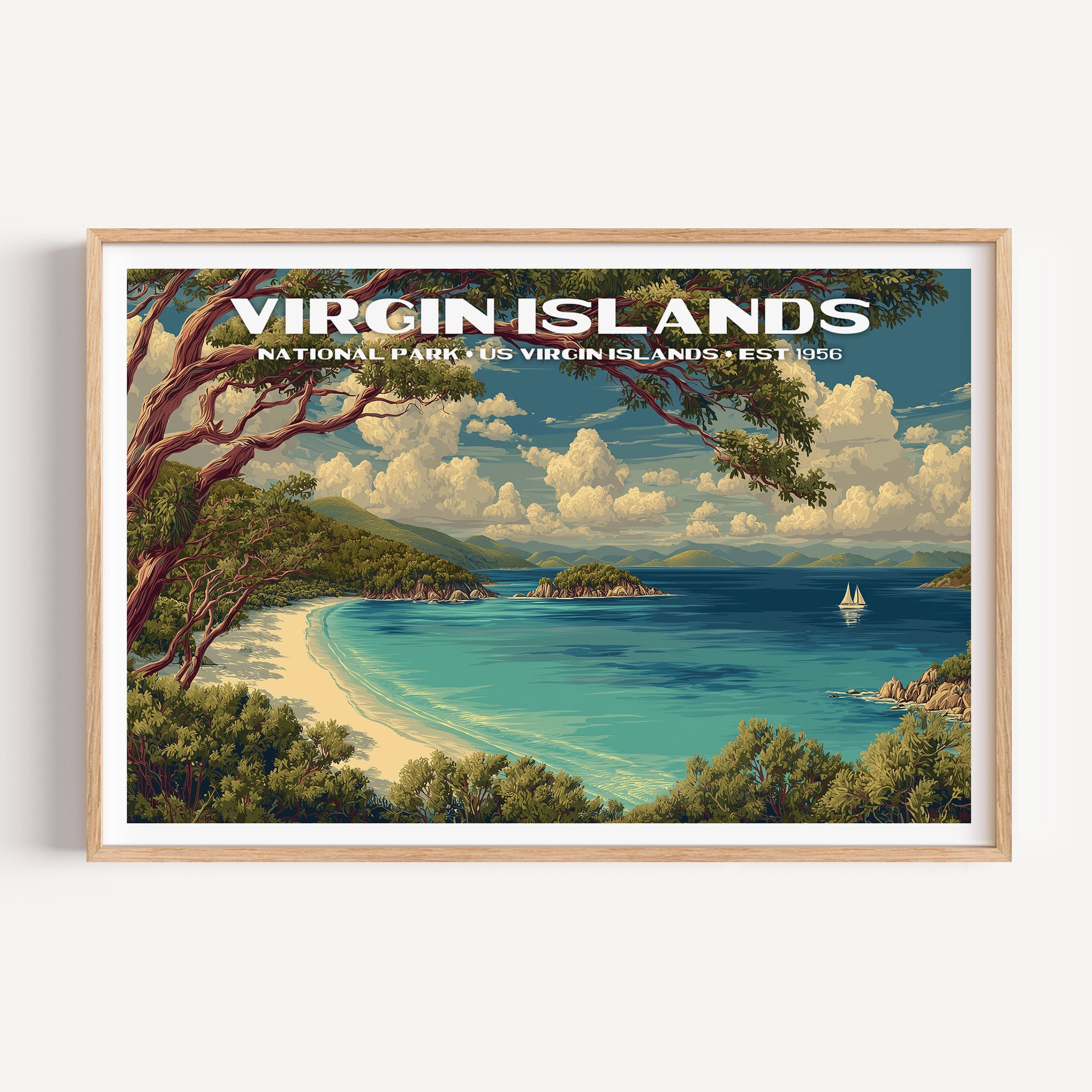 A white crescent beach and turquoise bay with a sailboat framed by a shore tree — Virgin Islands National Park vintage WPA travel poster print