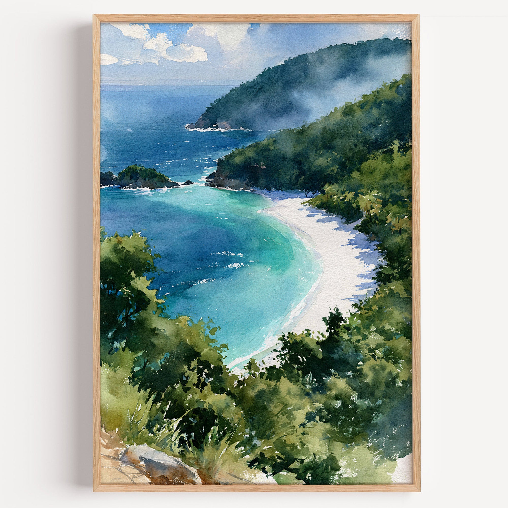 Virgin Islands National Park watercolor art print: crescent white-sand bay with turquoise water below green hills